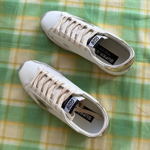 Golden Goose Shoes - Golden Goose Low-Top White Leather Sneakers with Gold Heel Accent